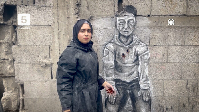 Artist paints murals of Gaza’s suffering on broken walls of her school shelter