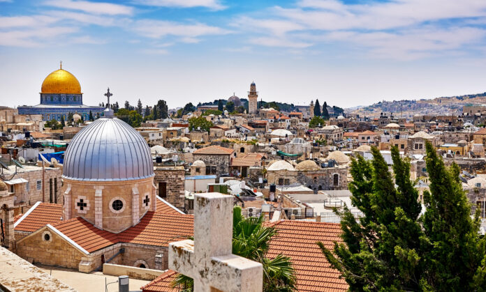 Jerusalem panoramic roof view to christians, jewish and muslims sacred places